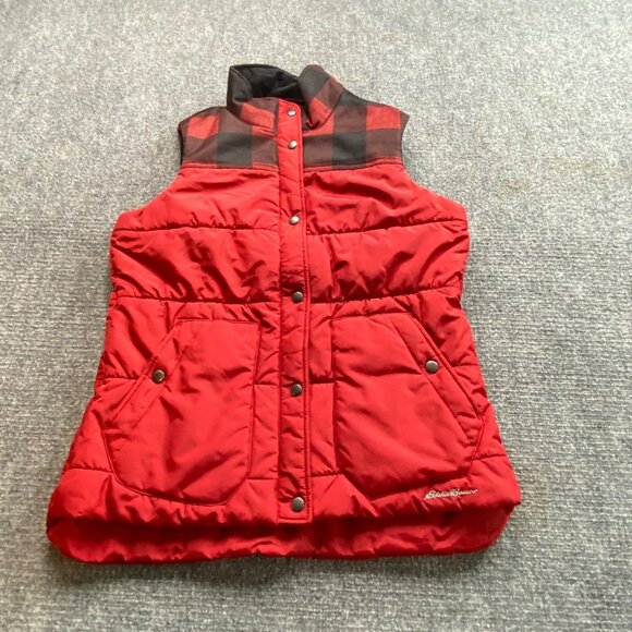 Eddie Bauer Vest Womens TM Medium Red Buffalo Plaid‎ Puffer Nylon Hiking Camping - Picture 1 of 12